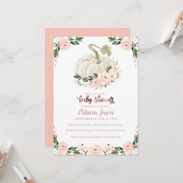 Invitation Baby shower fille Citrouille rose Rose  (Devant/Arrière en situation)