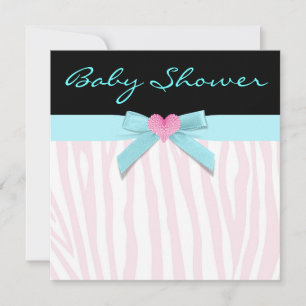 Invitation Baby Shower Fille Cœur Zèbre Rose Turquoise
