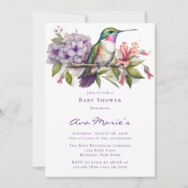 Invitation Baby shower fille colibri et fleurs (Devant)