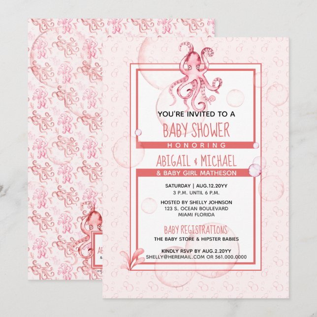 Invitation Baby shower Fille Corail et Aquarelle rose Octopus (Devant / Derrière)