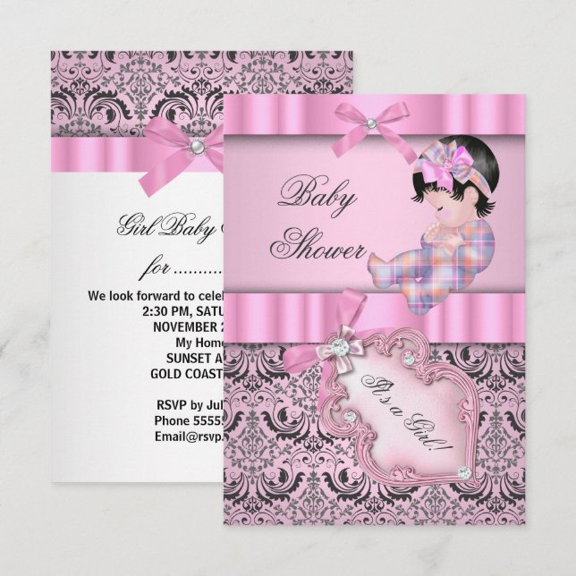Invitation Baby shower fille Damask rose Grey (Devant / Derrière)