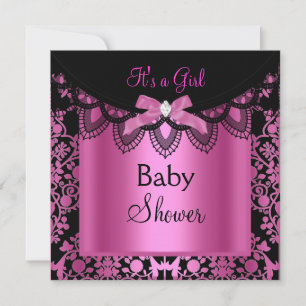 Invitation Baby Shower Fille Damassé Rose Chaud Noir