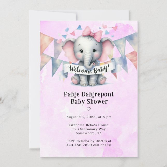 Invitation Baby shower fille de bienvenue Eléphant mignon (Devant)