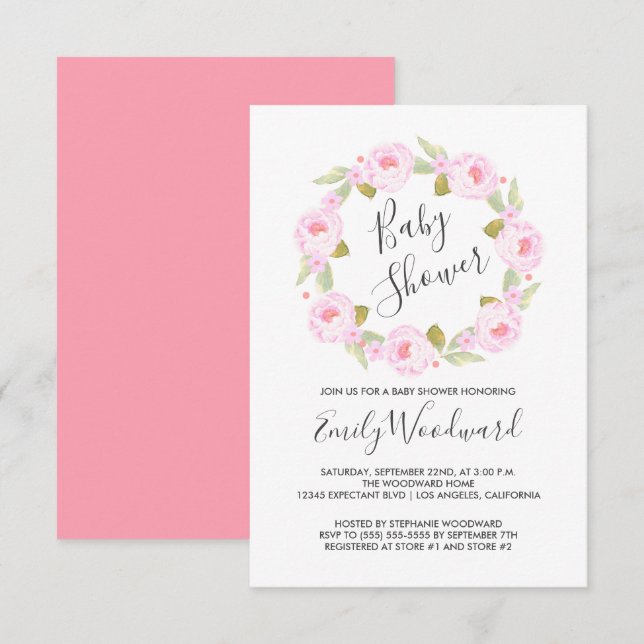 Invitation Baby shower Fille de couronne de fleurs roses (Devant / Derrière)