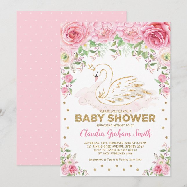 Invitation Baby shower fille de cygne rose or princesse (Devant / Derrière)