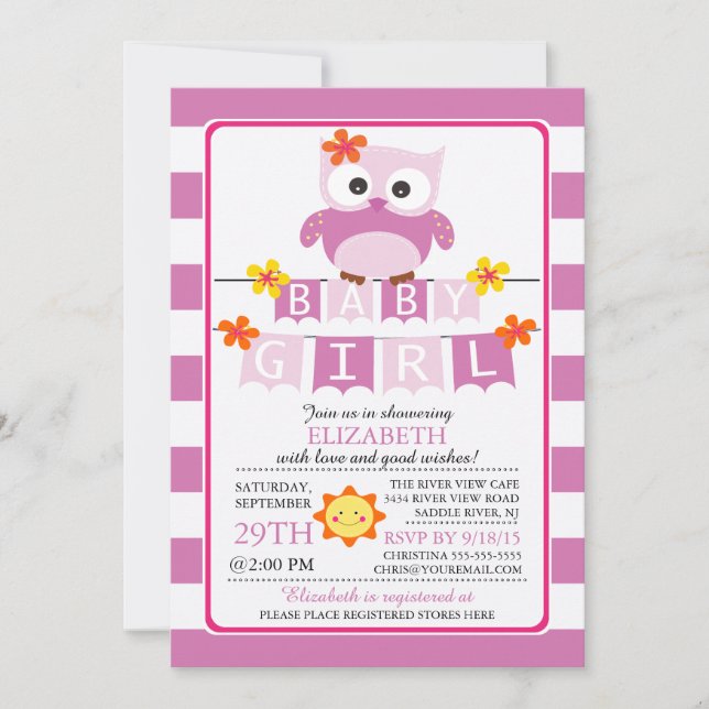Invitation Baby shower fille de la chouette (Devant)