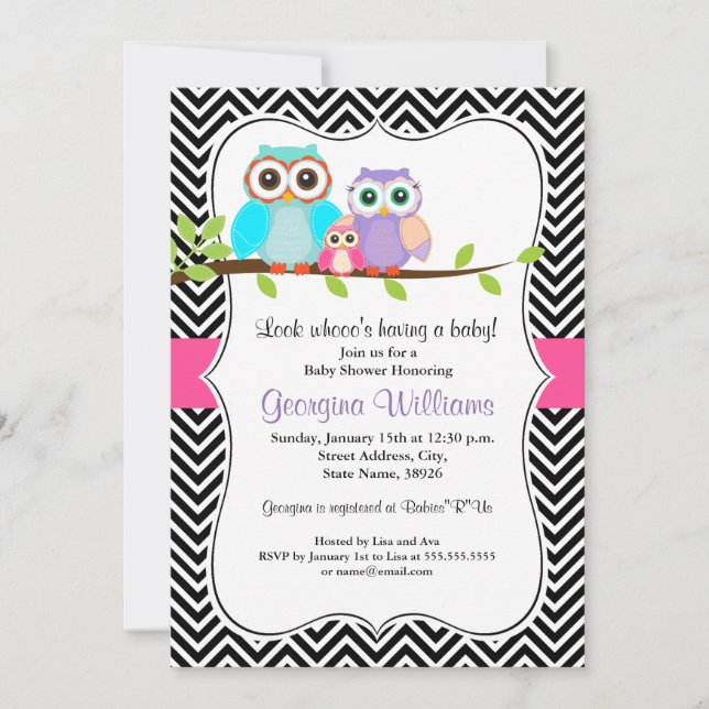 Invitation Baby shower fille de la chouette mûre (Devant)