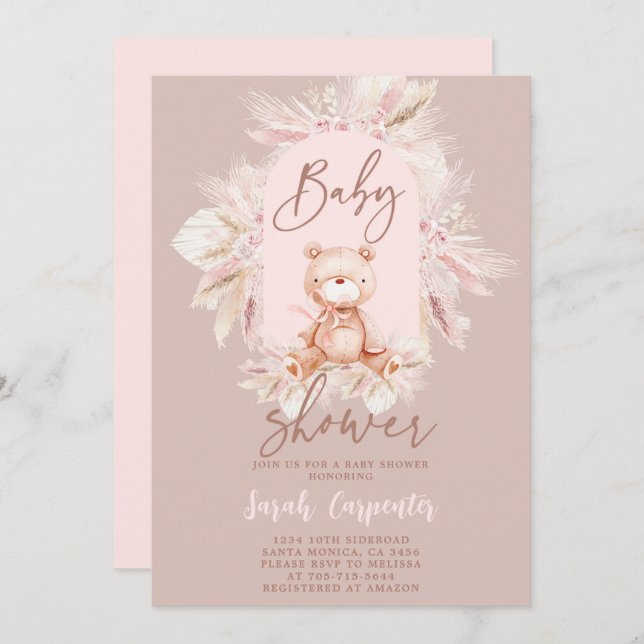 Invitation Baby shower fille de l'ours de Boho (Devant / Derrière)