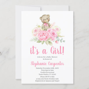 Invitation Baby shower fille de l'ours en peluche