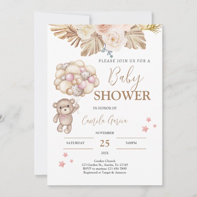Invitation Baby shower fille de l'ours en peluche (Devant)