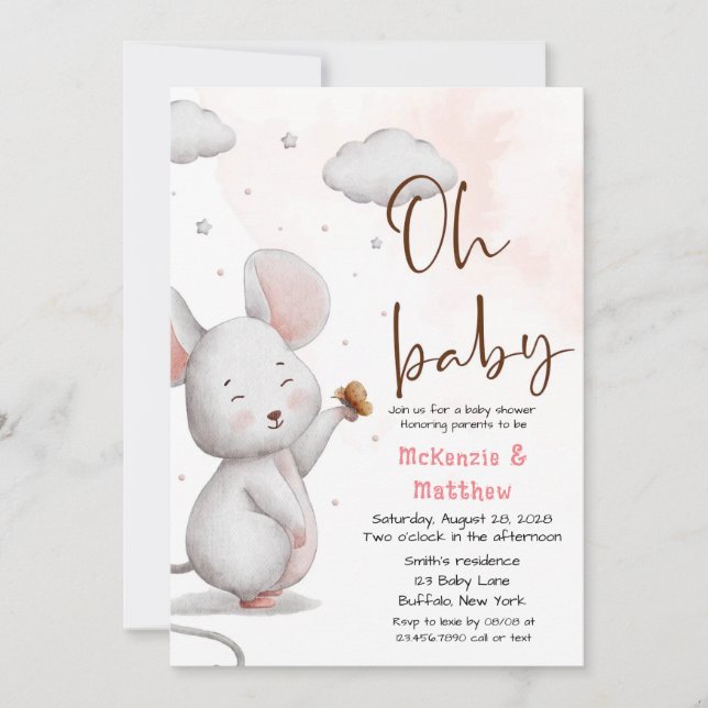 Invitation Baby shower fille de souris gris et rose (Devant)