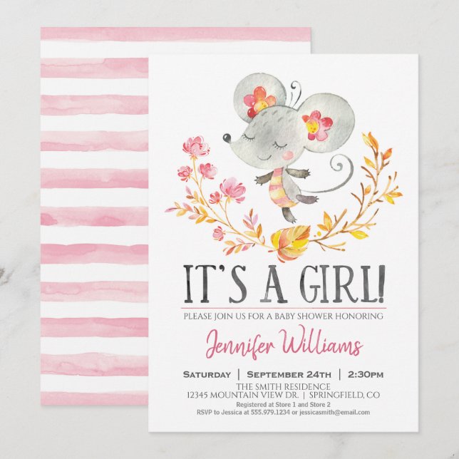 Invitation Baby shower fille de souris rose (Devant / Derrière)
