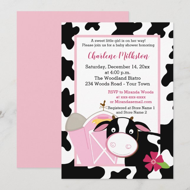Invitation Baby shower fille de vache laitière ros (Devant / Derrière)
