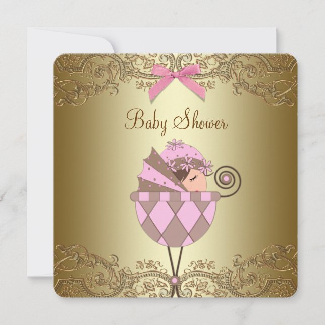 Invitation Baby shower fille dentelle rose et or (Devant)