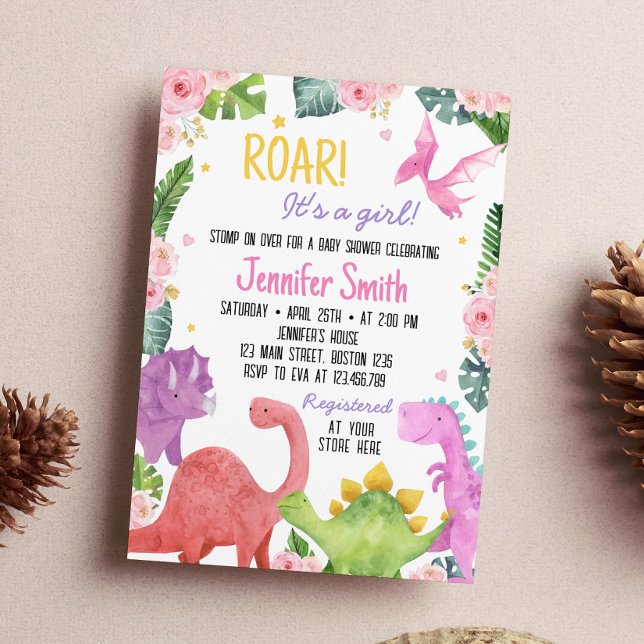 Invitation Baby shower fille Dinosaur mignonne (Créateur téléchargé)