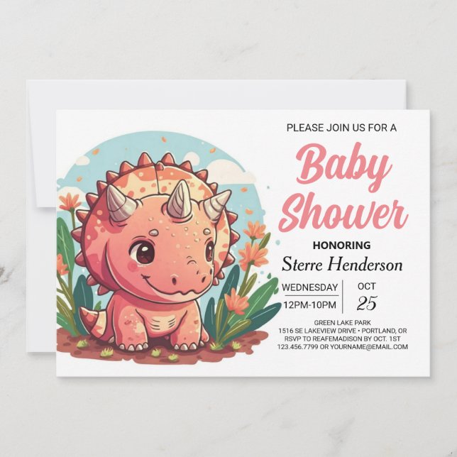 Invitation Baby shower fille Dinosaur rose mignon (Devant)