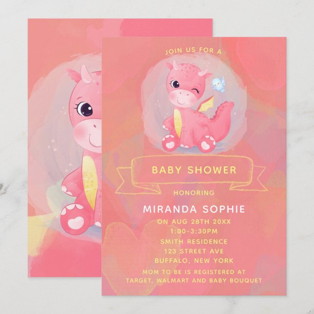 Invitation Baby shower fille Dinosaure rose et jaune mignon (Devant / Derrière)