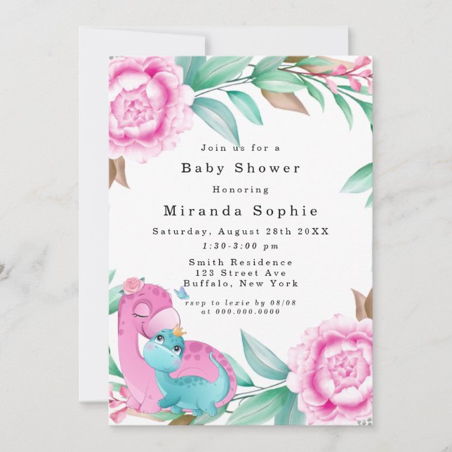 Invitation Baby shower fille Dinosaures Turquoises rose migno (Devant)