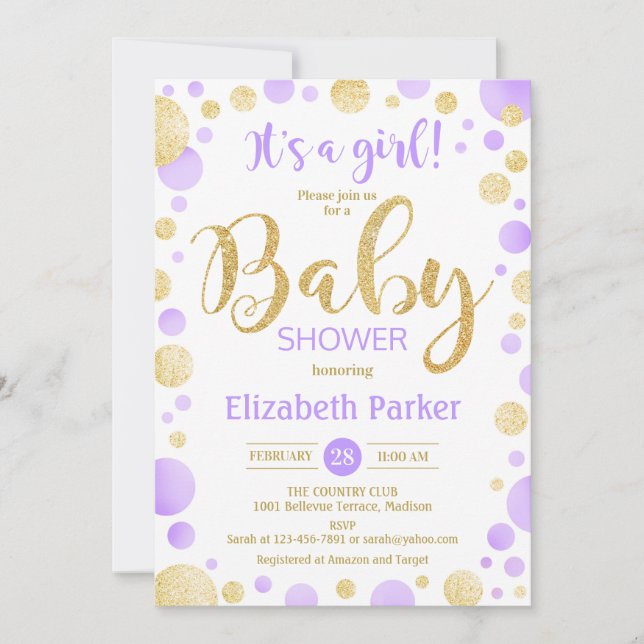 Invitation Baby shower fille - Dots d'or violet (Devant)
