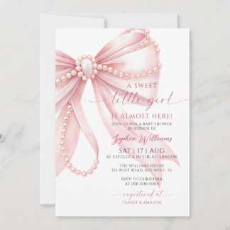Invitation Baby Shower Fille Douce Ruban Rose Perl