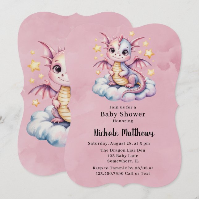 Invitation Baby shower fille dragon couleur rose Aquarelle (Devant / Derrière)