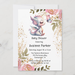 Invitation Baby shower fille dragon mignonne et papillon