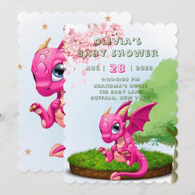 Invitation Baby shower Fille Dragon Rose Chaud (Devant / Derrière)