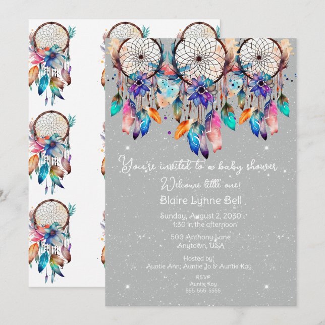 Invitation Baby shower fille Dreamcatcher blanc et rose (Devant / Derrière)