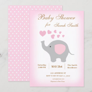 Invitation Baby shower fille Elephant Coeurs roses