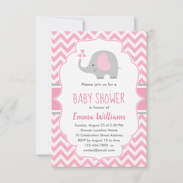 Invitation Baby shower fille Eléphant gris rose mou (Devant)