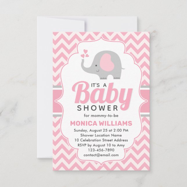 Invitation Baby shower fille Eléphant gris rose mou (Devant)