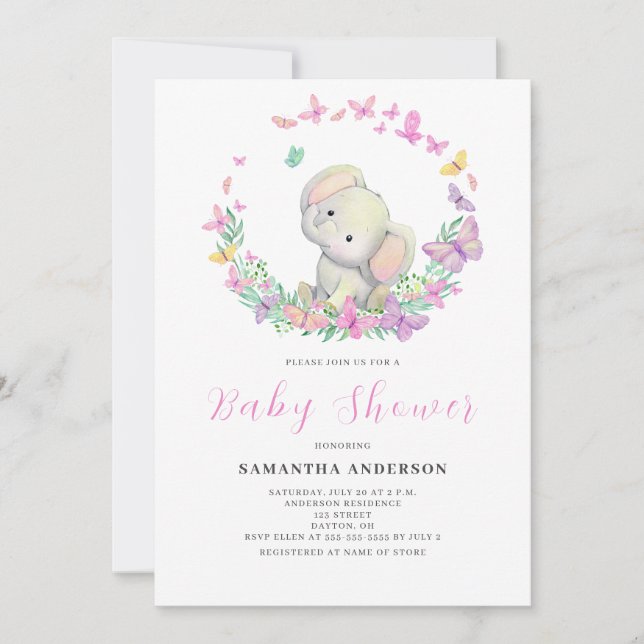 Invitation Baby shower fille Eléphant mignon (Devant)