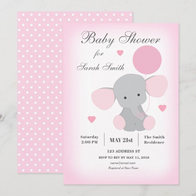 Invitation Baby shower fille éléphant rose (Devant / Derrière)