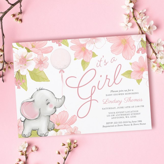 Invitation Baby shower Fille Eléphant Rose Cute (Créateur téléchargé)