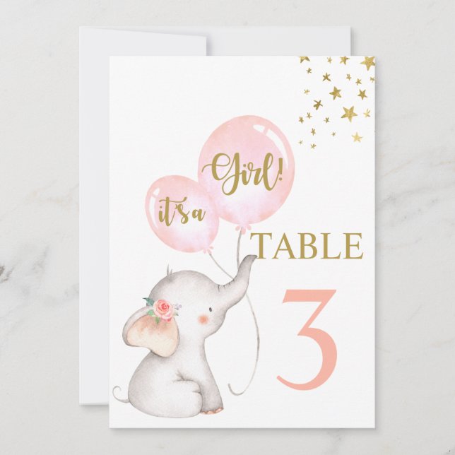 Invitation Baby shower Fille Eléphant rose Panneau Table (Devant)