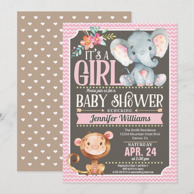 Invitation Baby shower Fille Eléphant & Singe (Devant / Derrière)