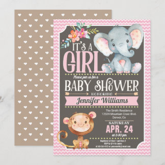 Invitation Baby shower Fille Eléphant & Singe