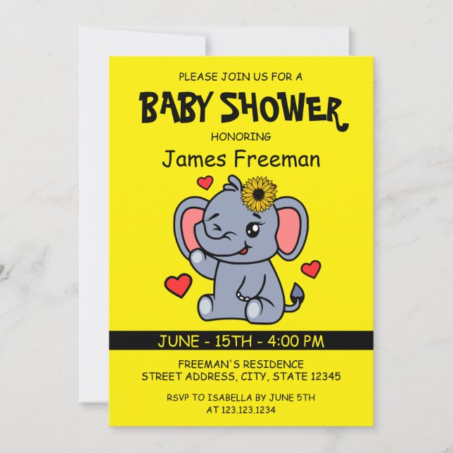 Invitation Baby shower fille Eléphant Vector Jaune mignonne (Devant)