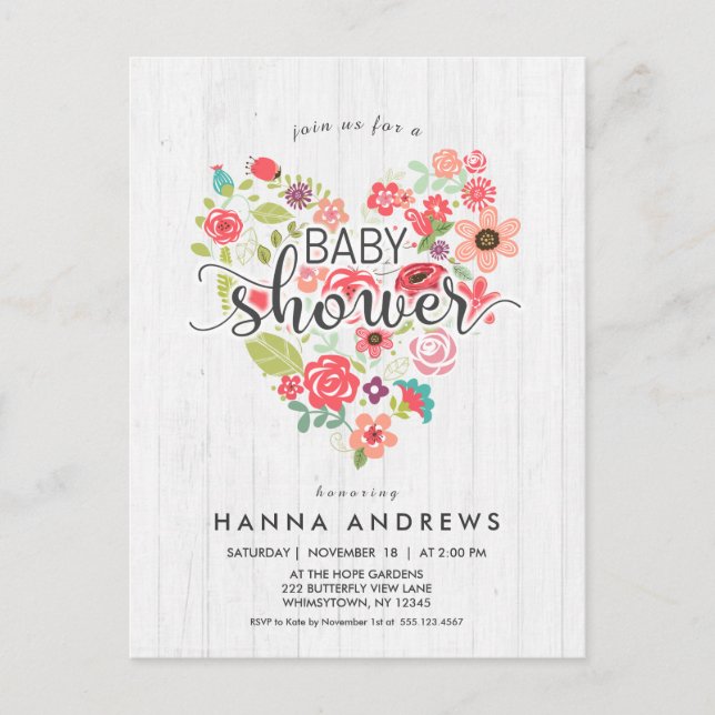 Invitation Baby shower fille en bois blanc et coeu (Devant)