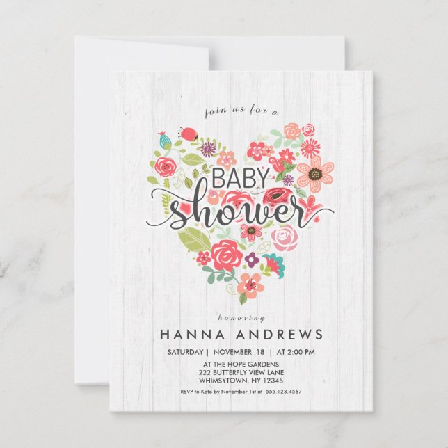 Invitation Baby shower fille en bois blanc et coeu (Devant)