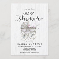 Invitation Baby shower fille en bois blanc et tran
