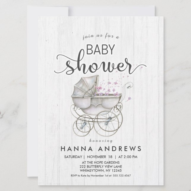 Invitation Baby shower fille en bois blanc et tran (Devant)