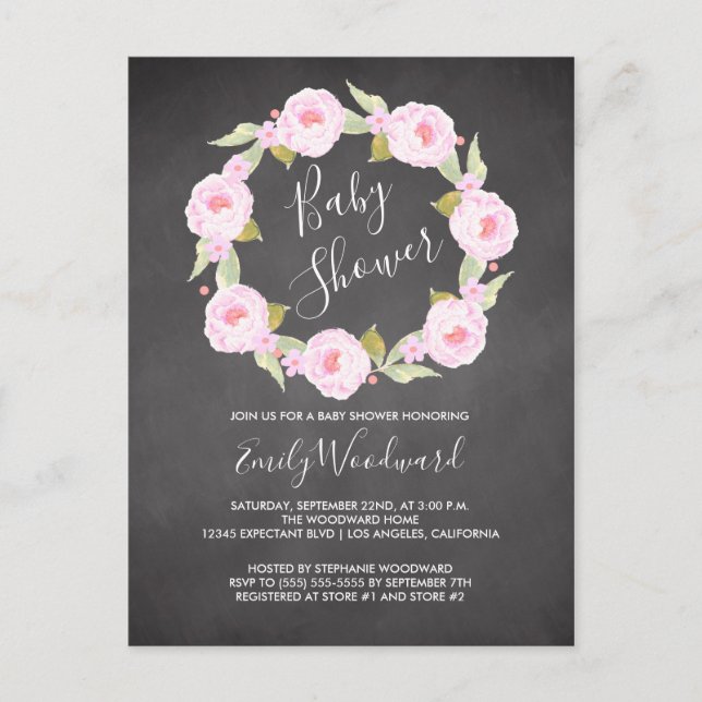 Invitation Baby shower fille en tableau rose flora (Devant)