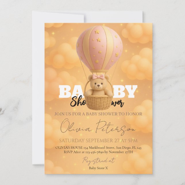 Invitation Baby shower Fille en Teddy rose Ours à air chaud (Devant)