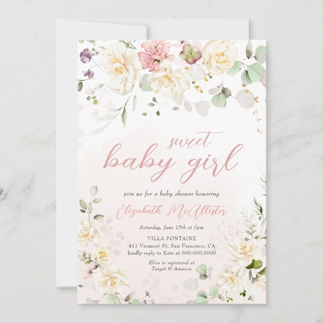 Invitation Baby shower Fille Eucalyptus Rose Rose (Devant)