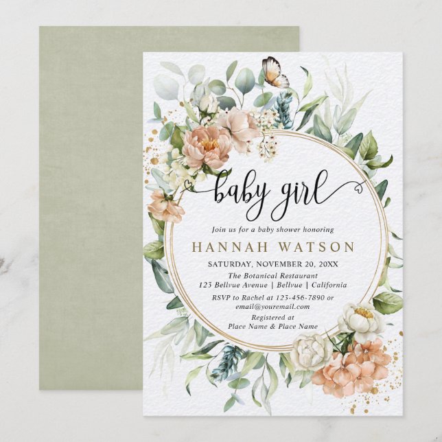 Invitation Baby shower fille Eucalyptus rose rose pâle (Devant / Derrière)