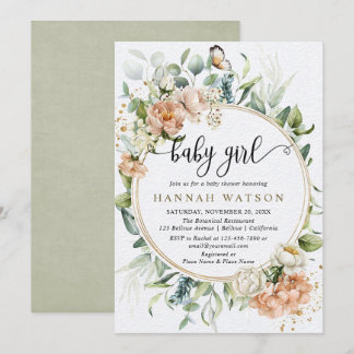 Invitation Baby shower fille Eucalyptus rose rose pâle