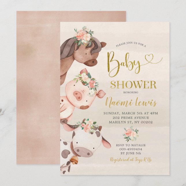 Invitation Baby shower Fille Ferme Florale (Devant / Derrière)