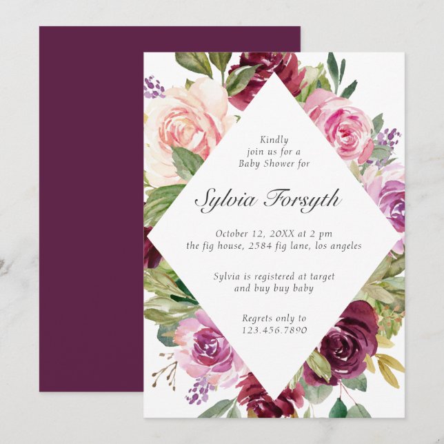Invitation Baby shower Fille Fille Fleur Violet Géométrique É (Devant / Derrière)