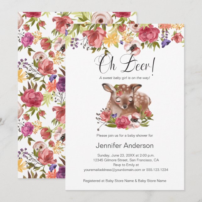 Invitation Baby shower Fille Fille Rose Oh Deer (Devant / Derrière)